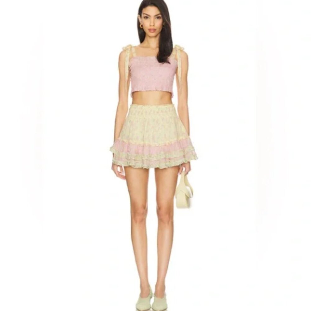 LoveShackFancy Corbin and Camellia Cotton Mixed Print Top and Mini Skirt SET